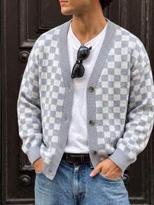 Teen Boys Grey Blue Checkerboard V-Neck Knit Cardigan, Loose Fit Dropped Shoulder Single-Breasted College Style Sweater, Spring/Autumn - Grey - View 4