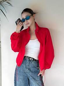 Women's Short Lightweight Jacket, Romantic Red, Single Layer, Drawstring Collar, Loose Fit, Fashionable Versatile, Wear Alone Or Layer - Red - View 16