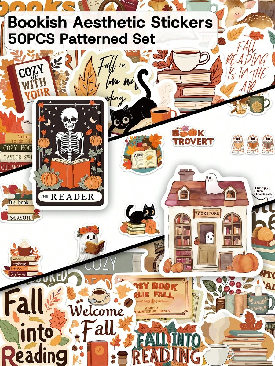 50pcs Bookish Aesthetic Stickers-Fall Nature Vibes-Perfect For Skateboards, Journals, Phone Cases, Water Bottles, And Party Gifts - Multicolor - View 1