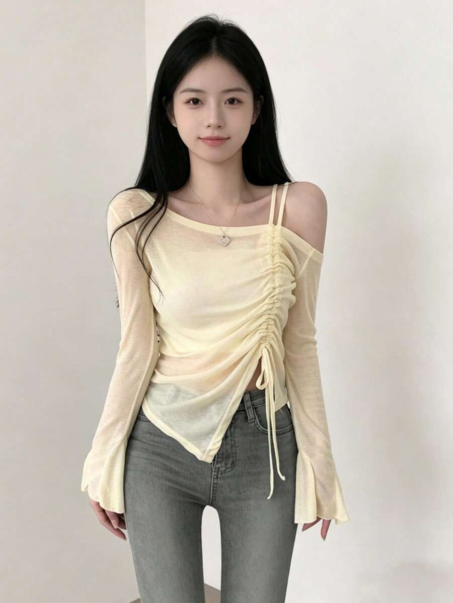 YCYC 女款春夏休閒度假風不對稱領口喇叭袖抽繩抓皺短版T恤 - 杏色 - 查看 1