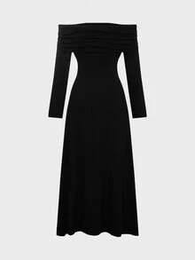 QUNGIGU Women Off Shoulder Maxi Dress Ruched Elegant Apparel For Wedding Guest Evening Banquet Going Out - Black - View 6