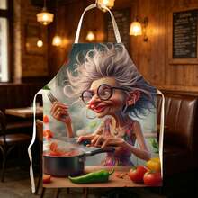 1pc Funny Cartoon Crazy Grandma Kitchen Apron - Sleeveless Design, Durable And Comfortable Fit, With Cartoon Humorous Baking And Cooking Old Lady Pattern, Suitable For Cooking, Baking And Home Cleaning, Household Cleaning, Housework Apron, Hand-Painted Handmade Gardening Apron, Interesting Holiday Gift - Multicolor - View 5