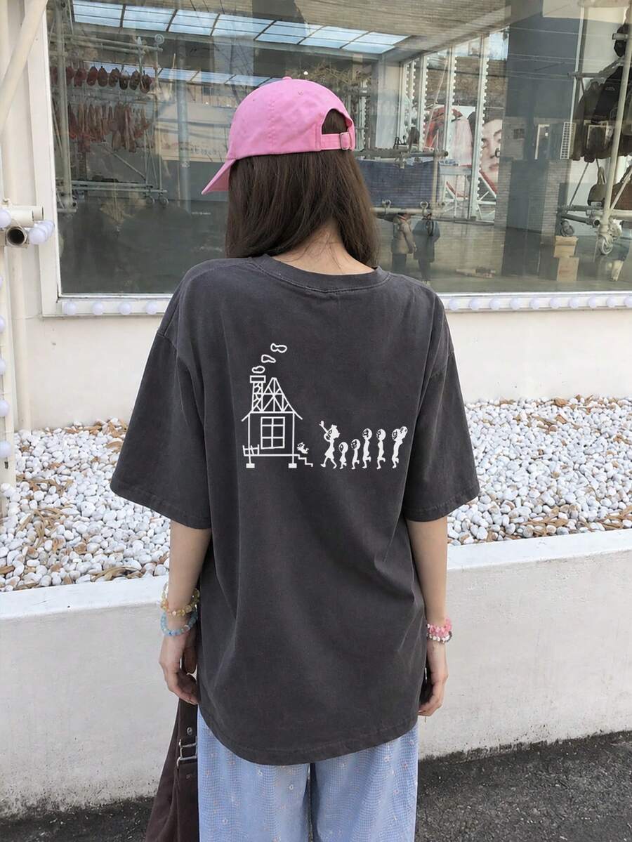 休闲宽松圆领卡通印花短袖T恤，适合春夏女士穿着，百搭时尚 - 深灰色 - 查看 1