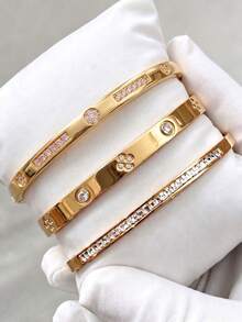3/1pcsGold‑Tone Stainless Steel Bangle, Rhinestone‑Encrusted Panther Head Design, Bold Luxurious Vibe For Daily Styling - Gold - View 13