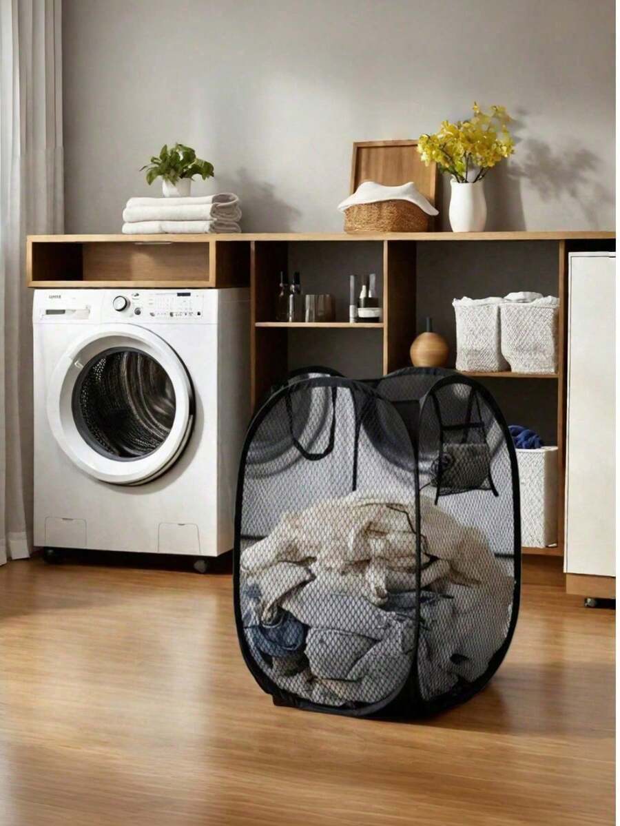 1/2Pcs Foldable Breathable Mesh Pop-Up Laundry Hamper With Side Pocket - Portable Storage Basket For Bedroom, Bathroom, Dorm & Travel. - Black - View 1