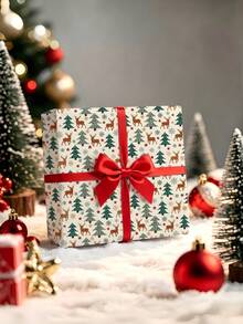 1 Roll Of Christmas Gift Wrapping Paper, Featuring Reindeer And Christmas Tree Designs ,Perfect For Christmas Gift Wrapping,Decorating For Christmas Parties,Home Festive Decoration,DIY Craft,1 Roll Size: 43 Cm X 300 Cm - A - View 2