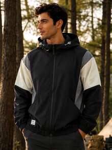 Men's Outdoor Jacket, Contrast Color Casual Windbreaker, Sport Jacket, Coat Black Spring Sports - Black - View 10