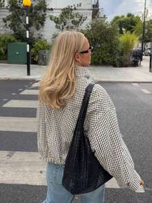 Fashionable Loose Zipper Flight Jacket Long Sleeve Coat For Women Autumn Daily Wear - Black and White - View 6