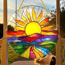 Vibrant Sunrise Pattern Stained Glass Sun Catcher - Unique Handmade Home Decor, Suitable For Windows, Porch, Bedroom, Office - Ideal Birthday Gift For Friends, Artistic Design, Sun And Landscape Themed Sun Catcher - A - View 1