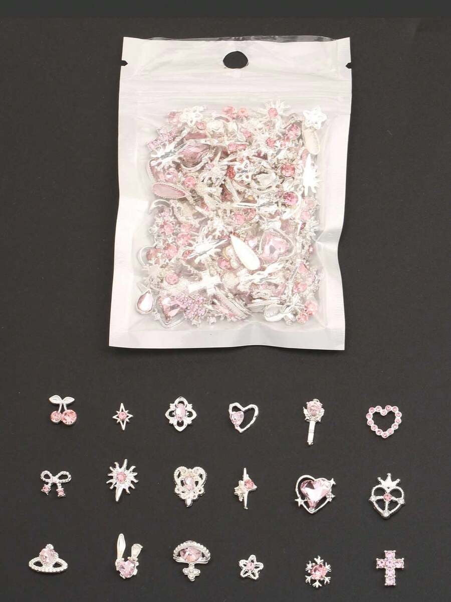 30件隨機銀色與粉色美甲飾品，亮晶晶水晶美甲飾品，3D心形、蝴蝶結、星星、櫻桃、皇冠、蝴蝶、花朵美甲飾品，金色調美甲飾品，適合女性與女孩，秋季完美選擇 - 淺粉色 - 查看 1