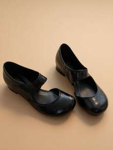 Vintage Chunky Heel Women's New Versatile Round Toe Low Vamp Side Open Ballet Mary Jane Shoes - Black - View 3