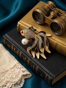 1pc Goldfish Brooch With Rhinestones And Pearls, High-End Luxury Design Lapel Pin, Koi Fish Corsage, Exquisite Suit Accessory - Yellow - View 4