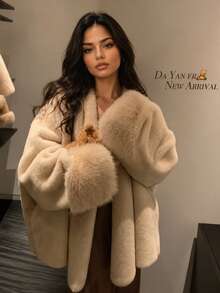 Manteau d'hiver en fausse fourrure pour femmes, veste chaude en peluche à manches longues, manteau mi-long en fausse fourrure abricot, veste en peluche douce à silhouette ample, Top d'hiver épais et chaud de style Old Money, fausse fourrure de renard douce de style socialite, poignets en fourrure, Old Money, fausse fourrure de renard, style socialite, ambiance hivernale, trajets, fêtes - Nude - Voir 6