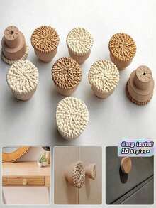 12 Buah Gagang Kabinet Bulat Rotan Alami, Tarikan Laci Kayu, Finishing Cokelat, Untuk Dekorasi Furnitur di Dapur, Ruang Tamu, Kamar Tidur, Lemari Pakaian, dll. - lubang tunggal - View 3