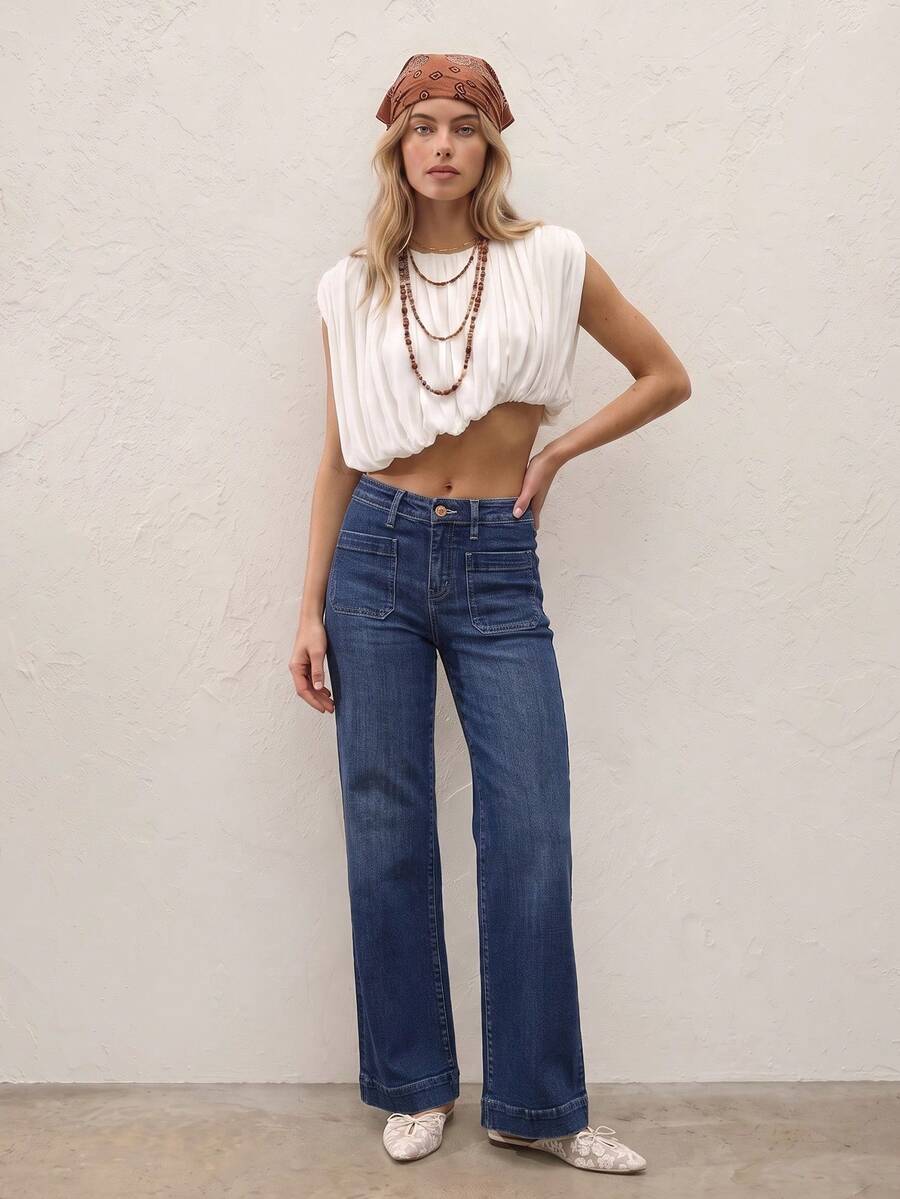 Women Jeans Medium Blue Wash Denim Wide Leg High Waist Vintage Cozy Soft Boho Y2K Fall Halloween Party Streetwear Daily Back To School Festival Vibes - Blue - View 1