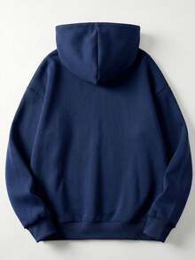 Men's Full Zip Hooded Sweatshirt, Solid Color Loose Casual Long Sleeve Jacket - Navy Blue - View 4