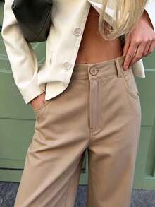 Women's Khaki High Waist Wide Leg Pants Solid Color Button Fly Casual Loose Trousers With Pockets - Khaki - View 9