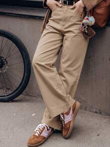 Women's Khaki High Waist Wide Leg Pants Solid Color Button Fly Casual Loose Trousers With Pockets - Khaki - View 7