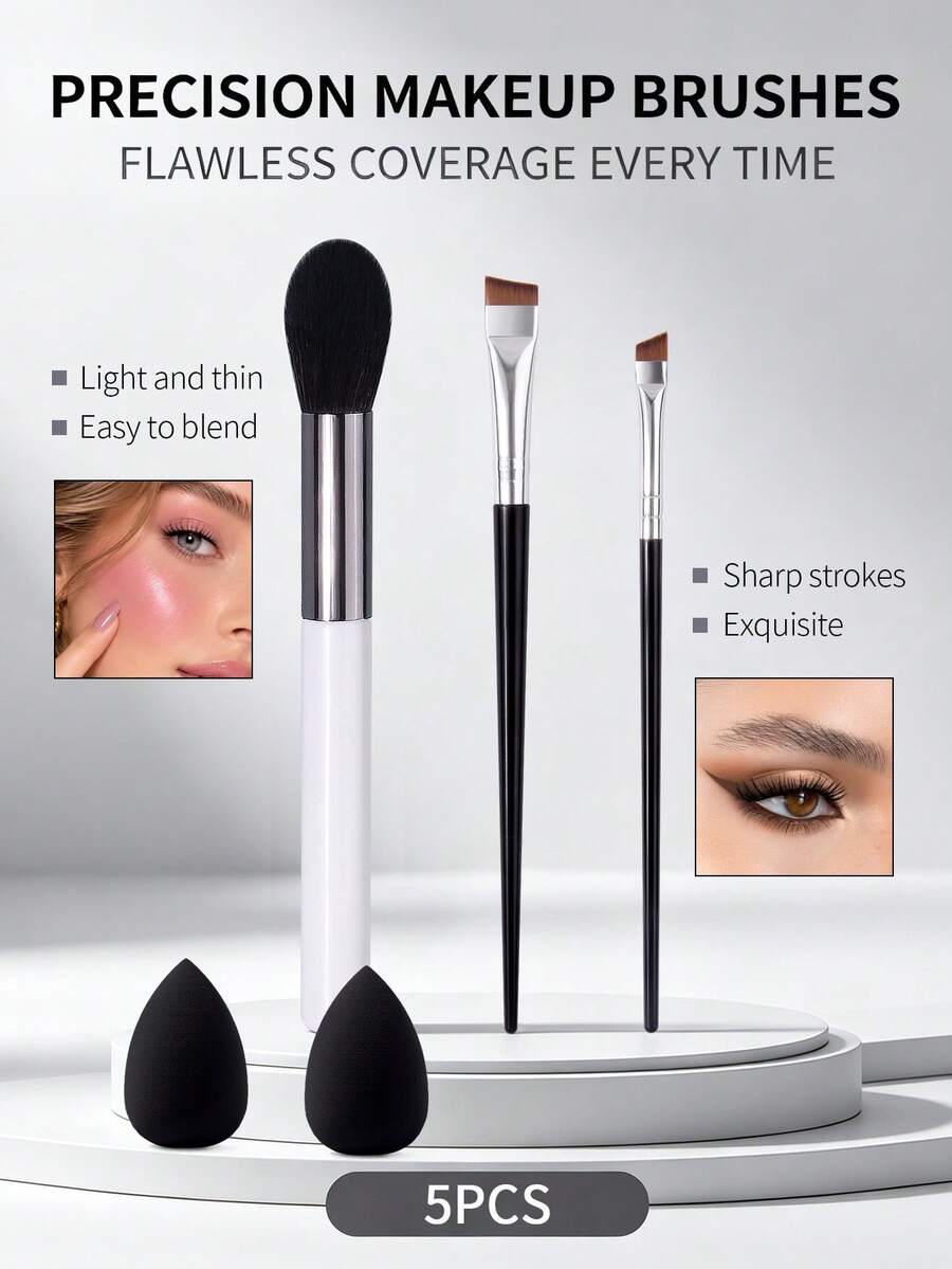 5Pcs Precision Makeup Brush Kit, 3Pcs Face Eye Makeup Brushes & 2Pcs Makeup Puff, Soft Synthetic Fiber For Blush, Brow, Eyeliner Daily Makeup Application