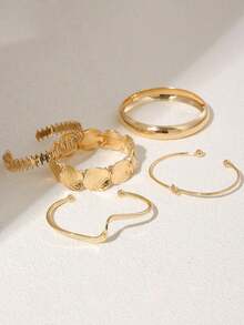 5pcs Exaggerated Leaf Glossy Gold Personalized Asymmetrical Striped Open Bangle Set, Suitable For Women's Daily And Holiday Wear - Gold - View 3