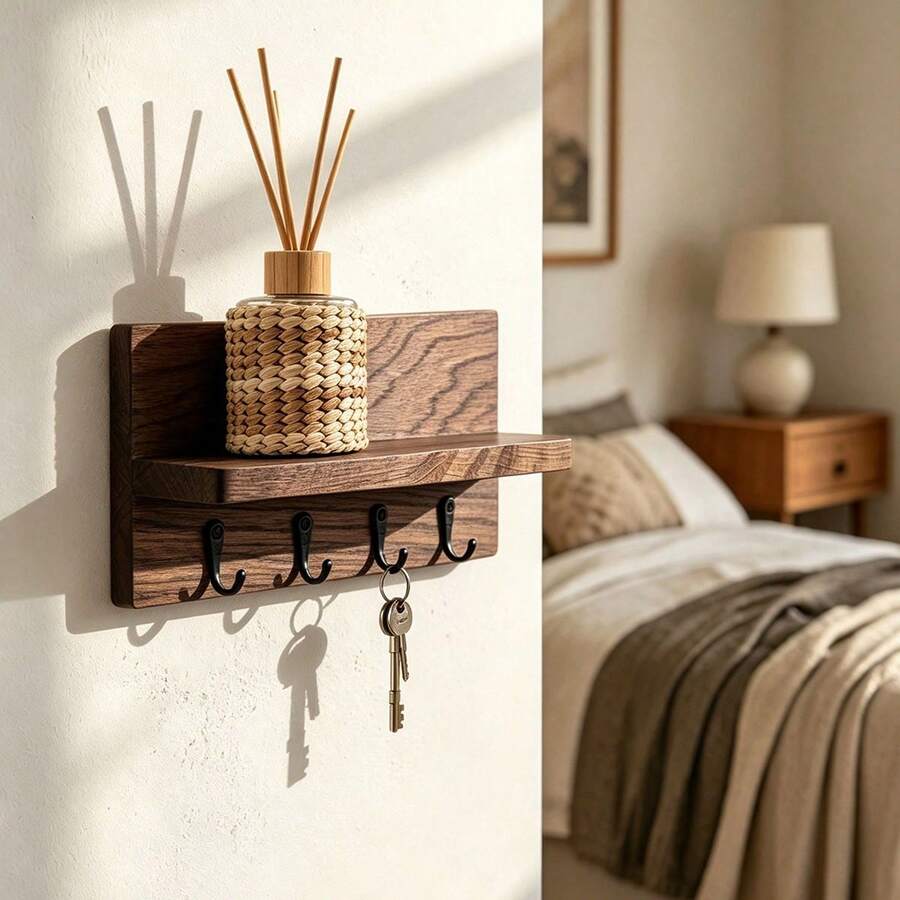 1pc Rustic Wooden Wall Mounted Key Rack With Display Shelf And 4 Hooks, Key And Small Decor Organizer Storage Rack, Bedroom Kitchen Bathroom Entryway Wall Decoration, Room Decor, Home Decor Farmhouse Style Wall Ornament - View 1