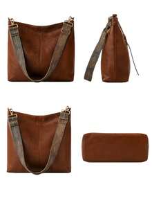 Bolsa hobo feminina transversal e de ombro em couro, alça larga com estampa étnica, de grande capacidade, estilo elegante e retrô para deslocamento diário e viagens - Castanho - Visão 11