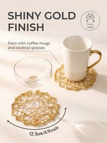 6pcs Shiny Gold Hollow Woven Placemats, PVC Material Round Coffee Cup Coasters, Washable, Easy To Clean, Wipeable, Non-Slip, Heat Resistant, For Room Decor, Home Dining Table Decor, Home Decor, Suitable For Holidays, Parties, Birthdays, Weddings And Dinner Parties - Multicolor - View 3