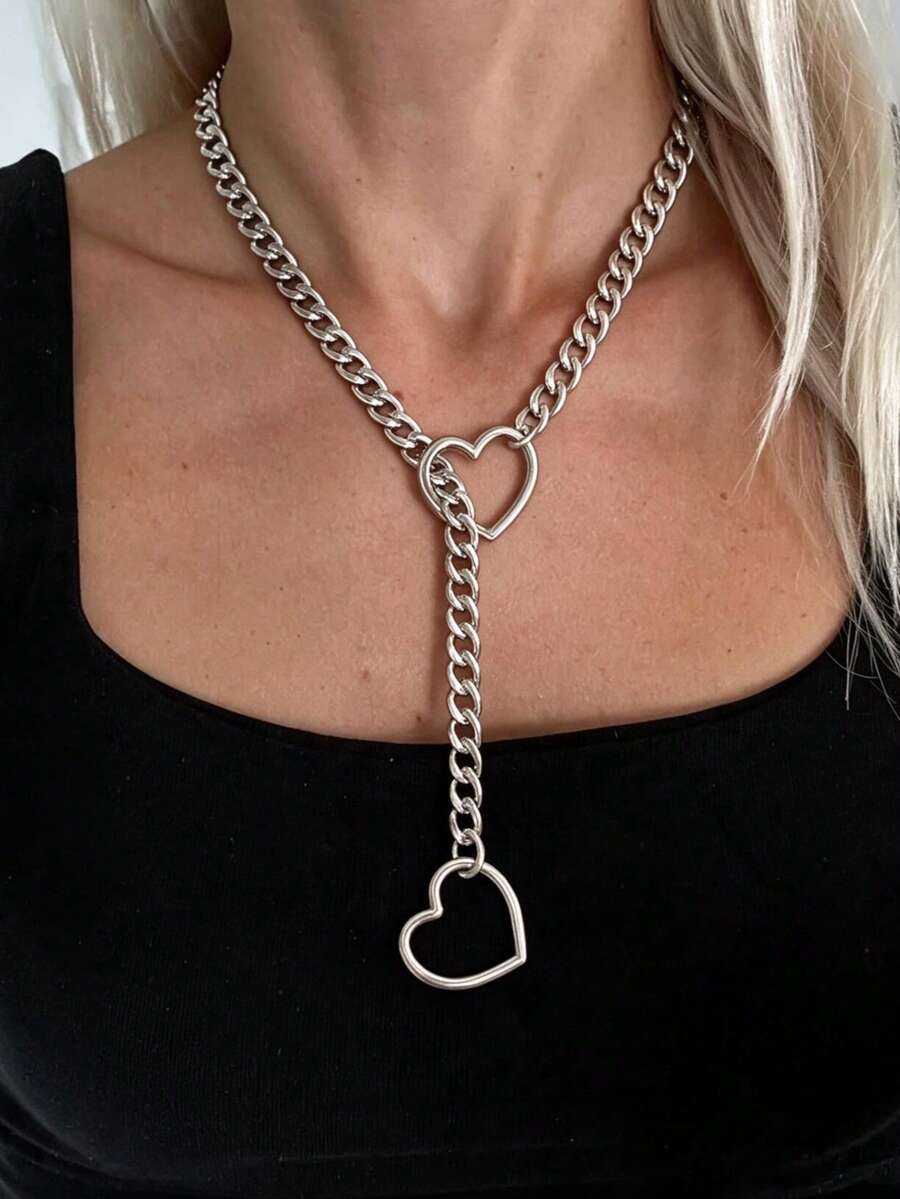 1pc Punk Style Metal Silver Hollow Heart Chain Necklace, Unisex Couple Gifts Suitable For Daily Casual & Party Wear