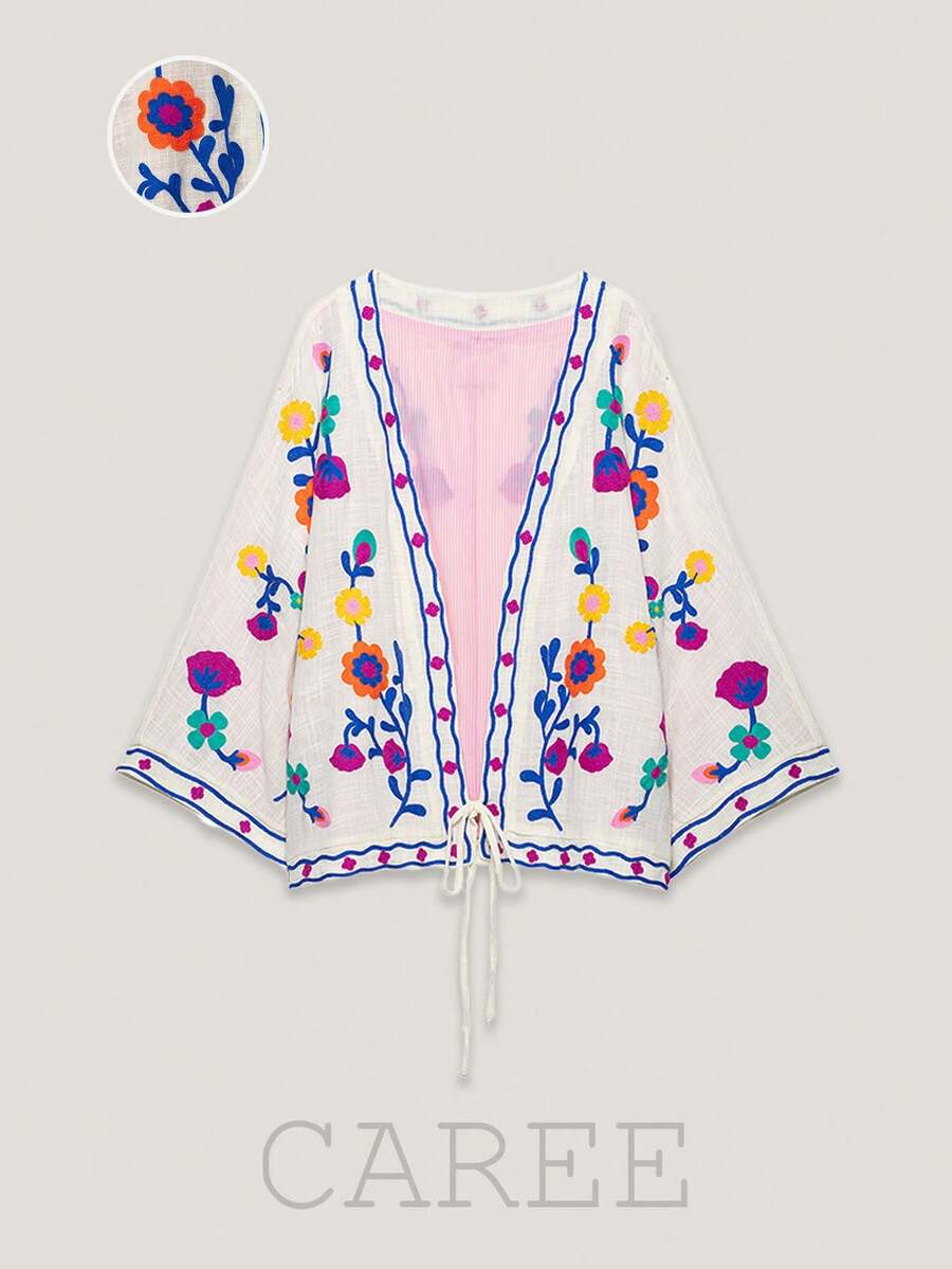 CAREE 女款秋冬白色花卉刺繡前綁帶 3/4 袖開襟寬鬆夾克 - 彩色 - 查看 1