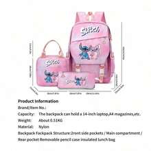 Miniso Disney "Lilo & Stitch" 3-In-1 Student Backpack Set, Includes Backpack + Insulated Lunch Bag + Pencil Case, Perfect Back To School Gift - Pink - View 4
