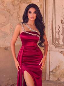 Elegant Rhinestone Chain Decor Slit Mermaid Hem Evening Gown - Burgundy - View 10