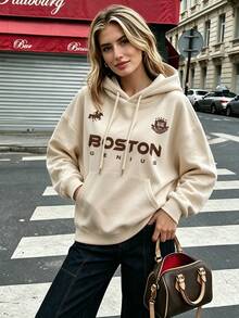 Women's American Collegiate Style Beige Sweatshirt, BOSTON Letter And Equestrian Logo Print, Loose Fit, Dropped Shoulder Design, With Pockets, Pullover - Apricot - View 3