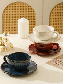 1 Set 230ML Ceramic Coffee Cup & Saucer Set, Includes Home Drinking Cup, Afternoon Tea Cup, Ideal Gift For Any Occasion - Multicolor - View 3
