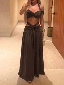Vellofy Women Fall & Winter Dark Brown Two‑Piece Maxi Outfit Halter Off‑Shoulder Twist Cutout Set For Prom Gala Banquet Vacation Cocktail Party - Dark Brown - View 4