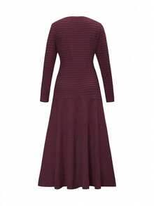 Unadoll Women's Autumn Burgundy Tweed Mid-Length Dress, Long Sleeve Front Button Fishtail Knit Skirt, Elegant Summer Style - Burgundy - View 4