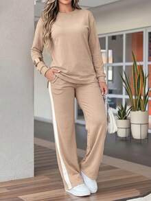 LUNNELUX Women's Autumn 2 Pieces Set, Crew Neck Drop Shoulder Sweatshirt + Side Stripe Wide Leg Pants Loungewear, Halloween Airport Travel Outfit - Apricot - View 7
