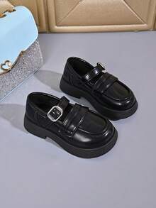Girls' One-Strap Loafers, Simple Beige Thick Sole Non-Slip Versatile Casual Shoes - Black - View 2
