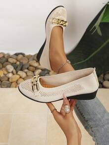 Women's Round Toe Wedge Heel Mesh Breathable Metal Buckle Low Vamp Ballet Shoes, Spring/Summer Commute Minimalist Elegant Driving Loafers - Beige - View 5