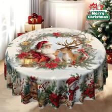Santa Reindeer Christmas Round Tablecloth, Festive Polyester Table Cover With Snowman, Poinsettia, Evergreen And Holiday Wreath Print For Xmas Dinner, Family Gathering And Winter Party Decor - A - View 6