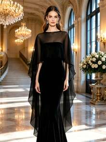 1pc Black Chiffon Shawl, Premium Velvet Cape, Suitable For Banquets And Parties, Lightweight Casual Sun Protection, Versatile For Multiple Occasions, Cosplay - Black - View 2
