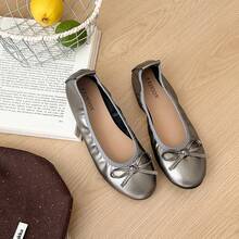 French Style Soft Round Toe Low Vamp Ballet Shoes For Women With Bow Knot Soft Sole, Suitable For Dating And Daily Wear - Grey - View 5