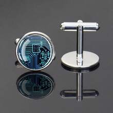 1 Pair Circuit Board Pattern Cufflinks Glass Inlaid Circular Decoration Men's Formal Gift Elegant Design Exquisite Style Business Accessories - Silver - View 7