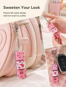 4/3/2/1 Key Sweet Pink Cherry Cow Polka Dot Pattern Cube Keychain, Lightweight & Durable, Decorative Spring Clip, Bag Charm, Key Ring, Suitable For Men & Women, Backpack Decoration, Wallet Pendant, Car Key, Handbag Accessory, Daily Commute, Holiday Gift, Party Favor, Christmas Valentine's Day Birthday Wedding Gift - Multicolor - View 6