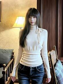 Korean Style Retro Long Sleeve Knit Sweater Women's High Neck Slim Fit Base Layer Top - Apricot - View 3
