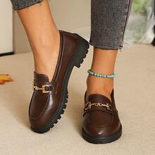 Women's Brown Round Toe Metal Buckle Thick Chunky Heel Loafers Soft Sole Flat Shoes Vintage Commute Spring Autumn All Season - Brown - View 4