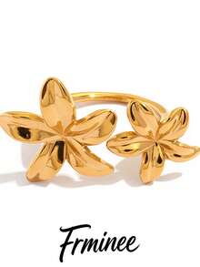 Frminee 1pc Stainless Steel Flower Open Ring For Women, Adjustable Floral Statement Ring, Gold Tone Chunky Fashion Jewelry For Daily Wear, Party, Gift For Her - Gold - View 6
