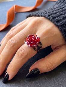 1pc Gothic Red Rose Ring, Victorian Vintage Filigree Adjustable Finger Ring, Dark Alternative Personalized Jewelry Gift For Women - Multicolor - View 2