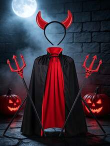 3pcs/1pc Halloween Costume Cape, Devil Headband, Trident Party Costume Props Set - Multicolor - View 1