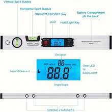Alat Pengukur Sudut Digital Perak dengan Lampu Latar LCD, Busur Derajat 225° 16 Inci & Waterpass/Gelembung Vertikal, Baterai Tidak Termasuk - A - View 6