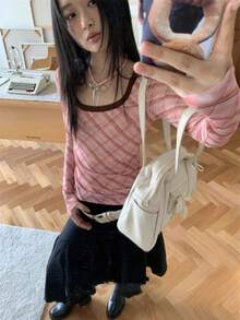 Autumn/Winter/Spring Plaid Slim Fit Pink Inner Layer Long Sleeve T-Shirt Women's Top Design - Pink - View 5